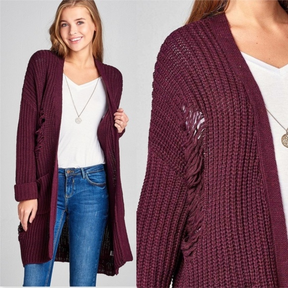 Sweaters - DISTRESS CARDIGAN - PLUM